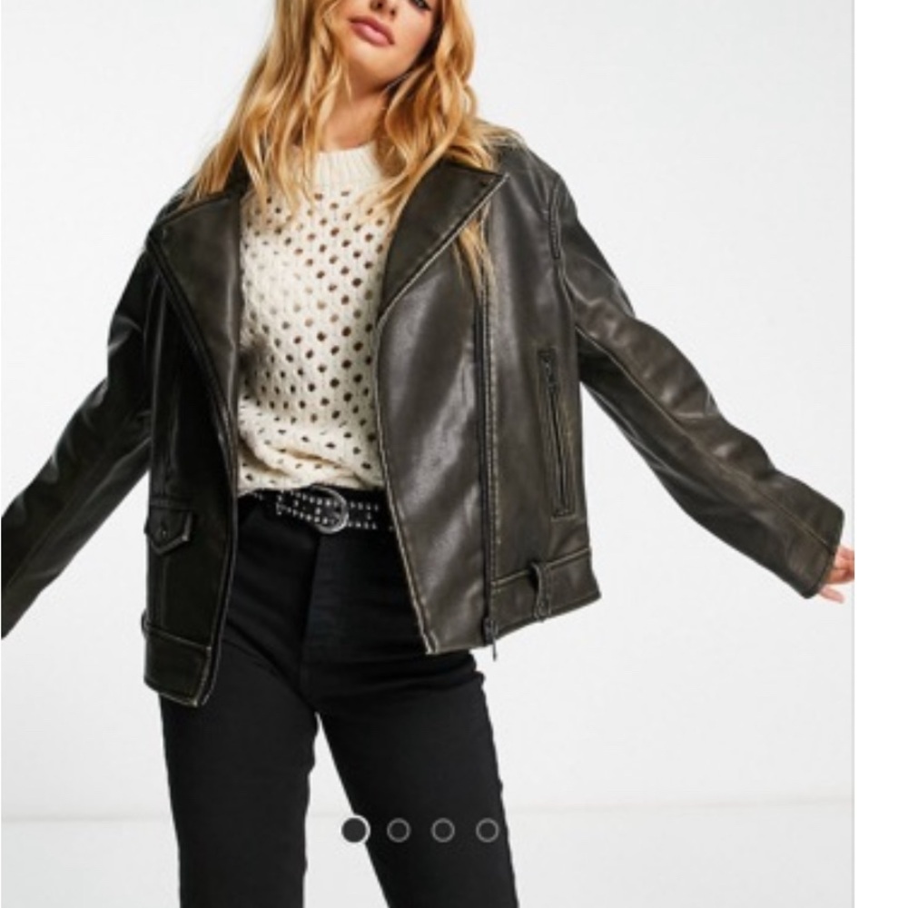Bershka oversized Washed out faux leather jacket in brown